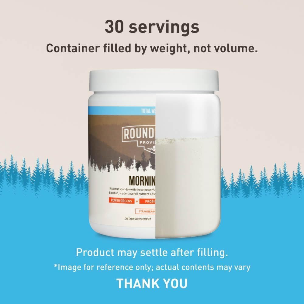 Container of Round 1 Protein with text about servings and product information on a blue and beige background.