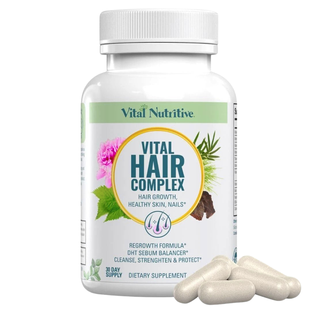 Vital Nutritive Hair Complex supplement bottle with capsules on a white background