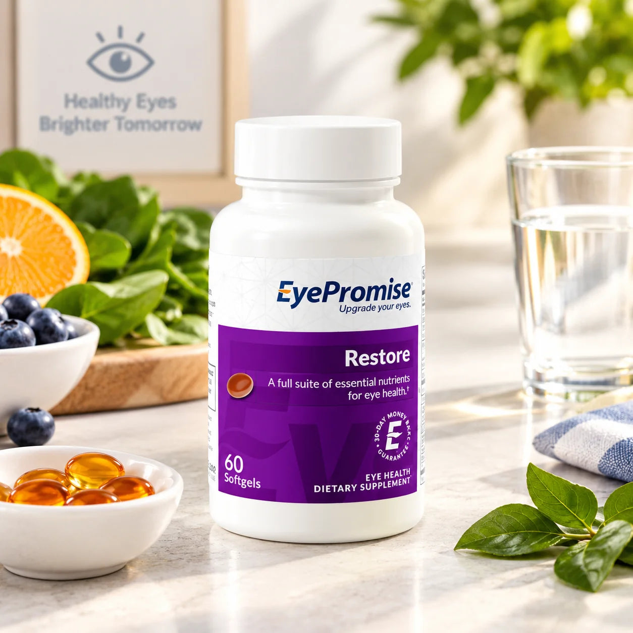 A bottle of EyePromise Restore dietary supplement softgels stands on a marble countertop with bowls of blueberries, spinach, an orange slice, and a glass of water in a bright, clean setting.