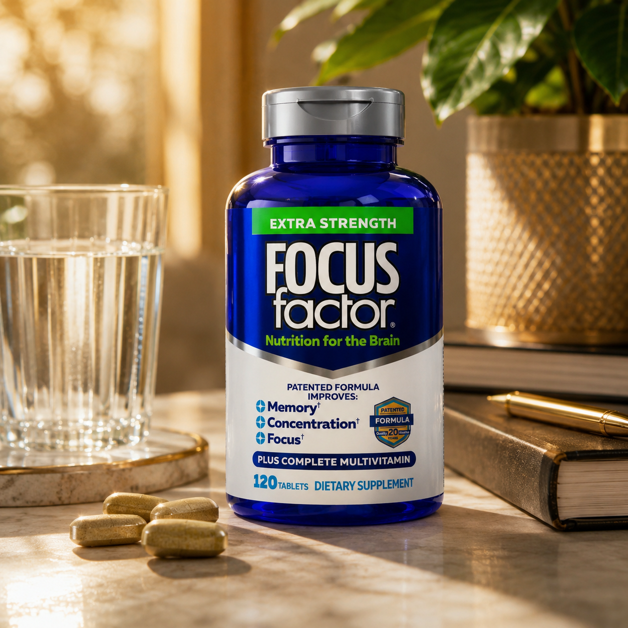 Focus Factor Extra Strength brain supplement bottle with 120 tablets for memory, focus and concentration support