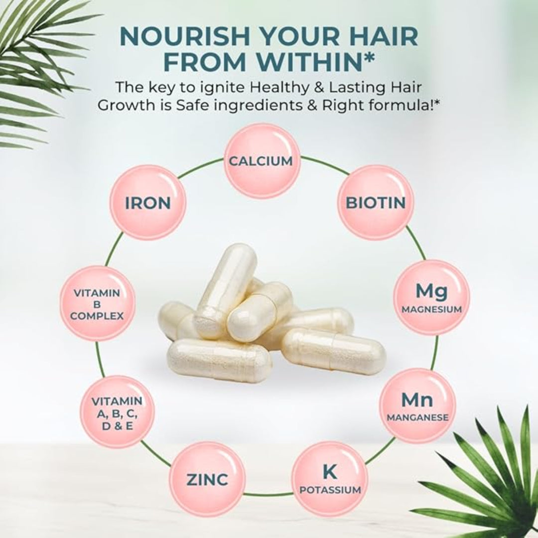 Hair supplement capsules with nutrients labeled on a light background