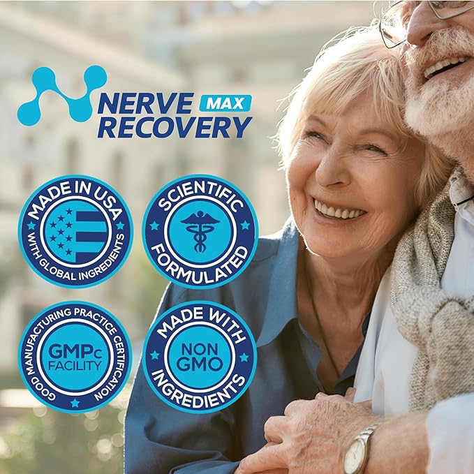 Advertisement for Nerve Max Recovery with an elderly couple embracing outdoors, featuring brand icons and text.