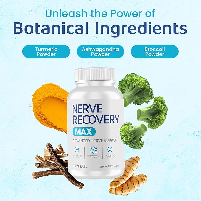 Supplement bottle labeled 'Nerve Recovery Max' with botanical ingredients on a light blue background