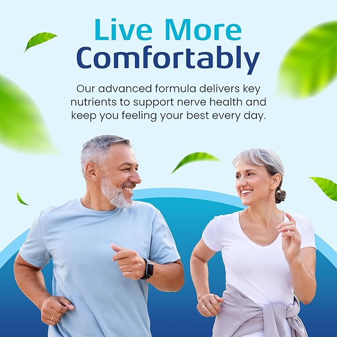 Man and woman walking together with promotional text about a product for nerve health on a blue and green background.