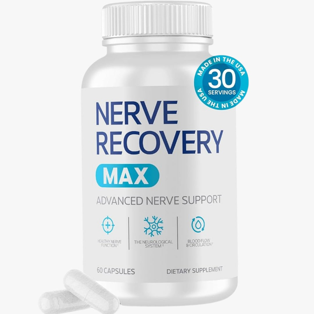 Supplement bottle labeled 'Nerve Recovery Max' on a white background