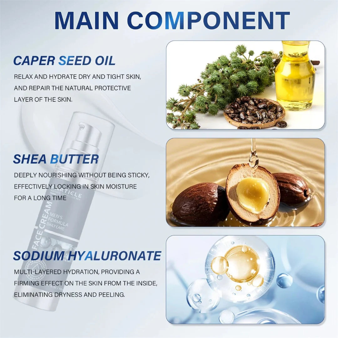 Product description card with caper seed oil, shea butter, and sodium hyaluronate as main components.