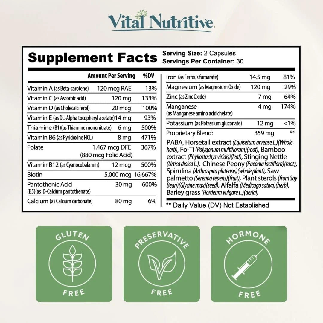 Vital Nutritive supplement facts label with various nutrients listed and green icons indicating gluten, preservative, and hormone-free status.